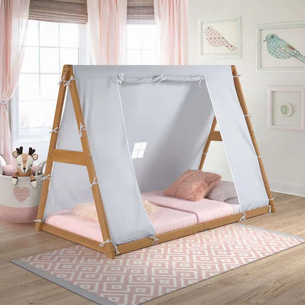 P'kolino Play Tent Twin Bed, Natural Frame/Grey Tent