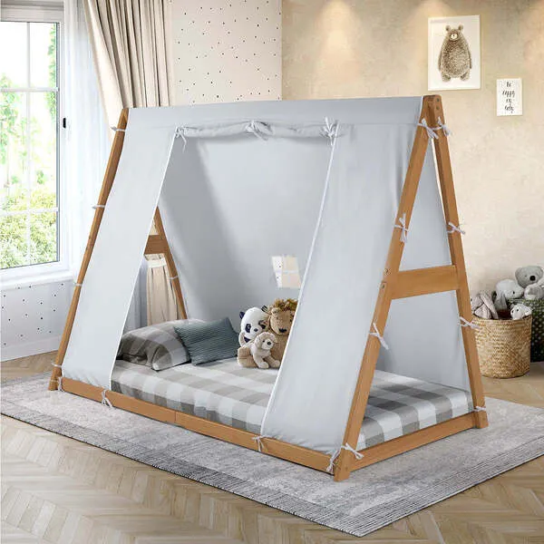 P'kolino Play Tent Twin Bed, Natural Frame/Grey Tent