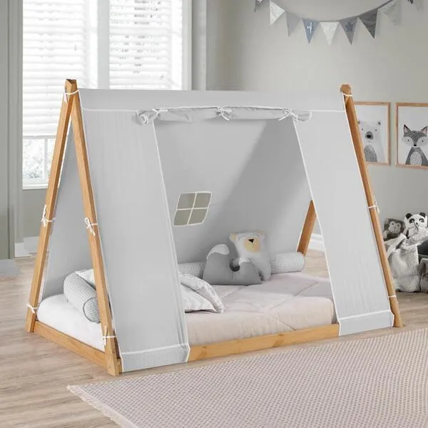 P'kolino Play Tent Twin Bed, Natural Frame/Grey Tent