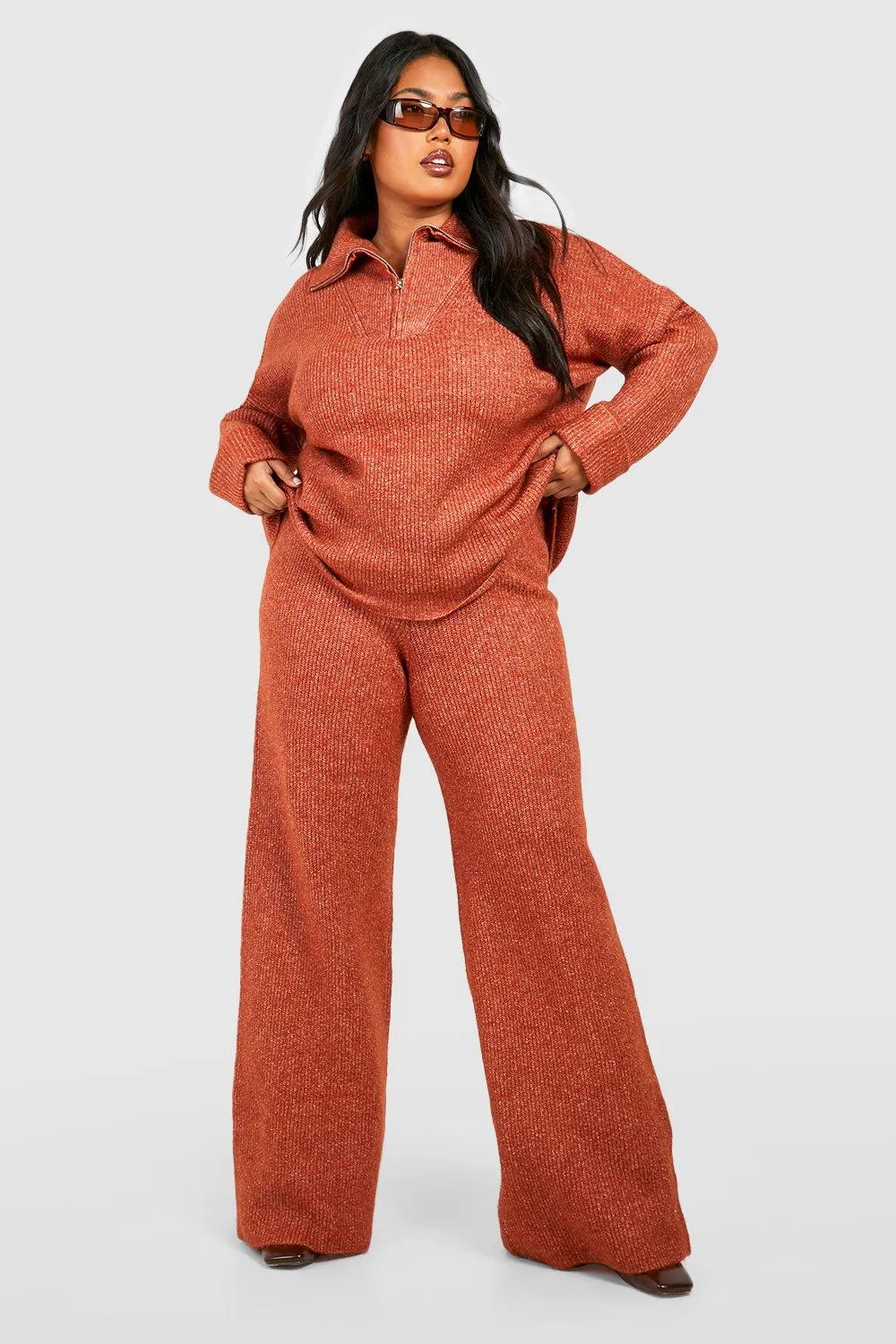 Plus Knitted Funnel Neck Wide Leg Pants Set