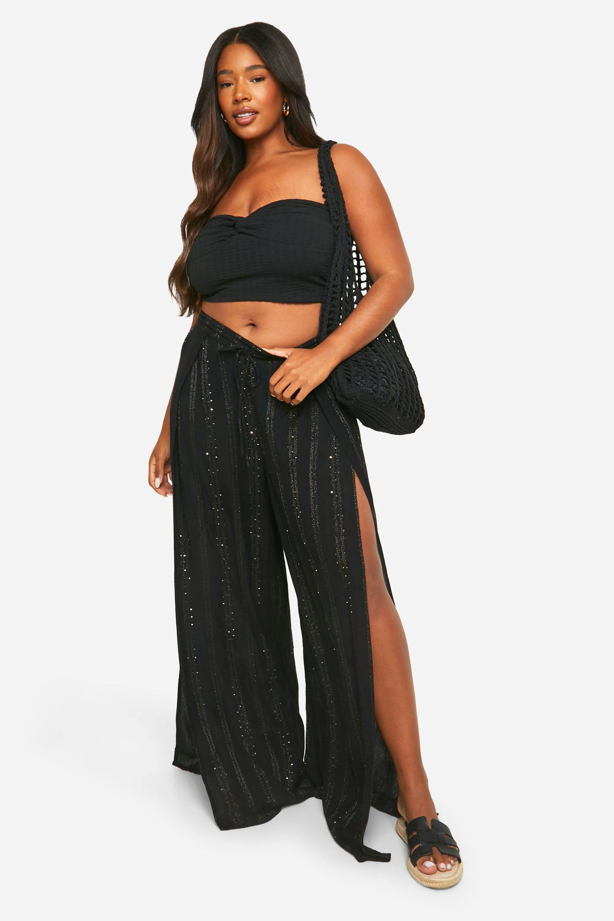 Plus Sequin Stripe Wide Leg Pants