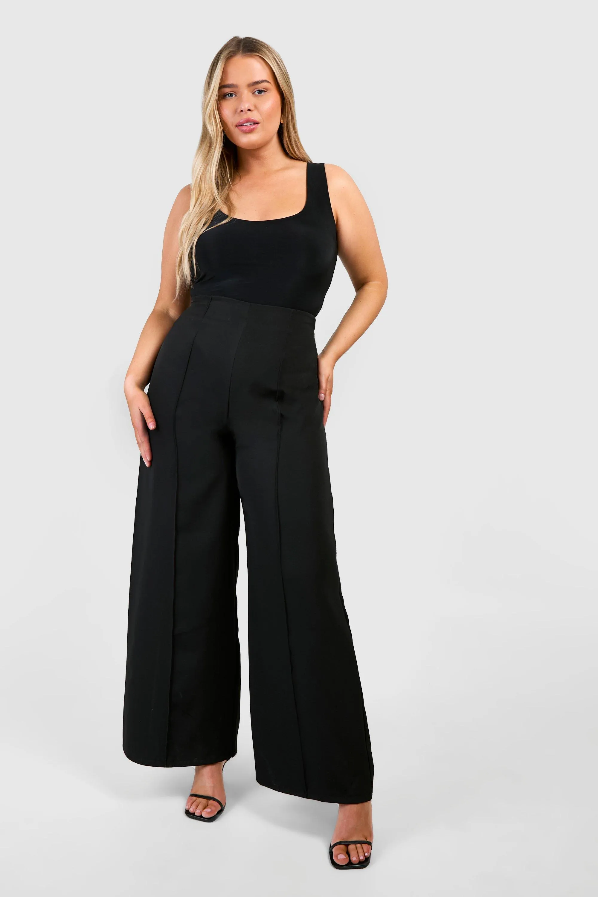 Plus Woven Front Seam Detail Wide Leg Pants