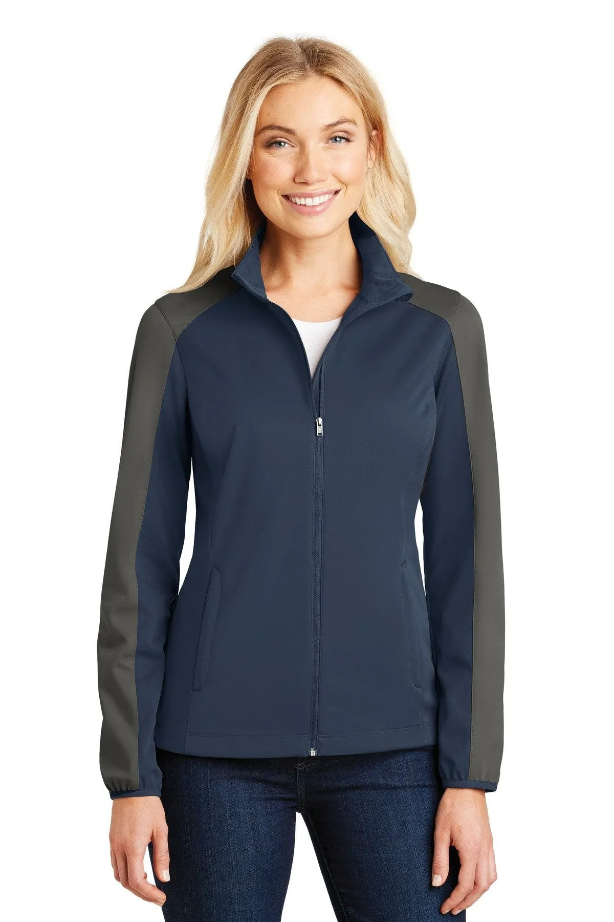 Port Authority Ladies Active Colorblock Soft Shell Jacket L718 Dress Blue Navy/ Grey Steel