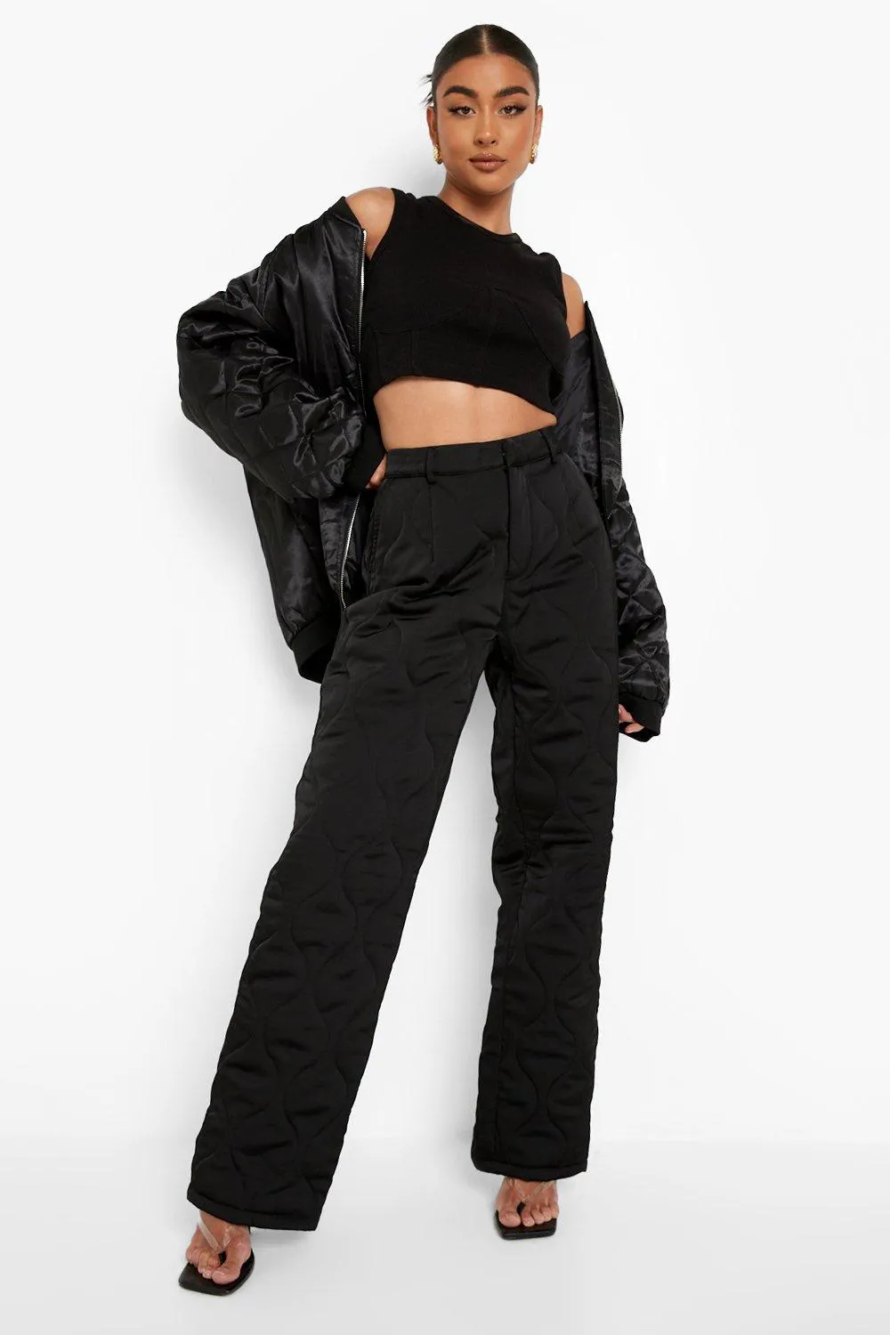 Quilted Satin Straight Leg Pants