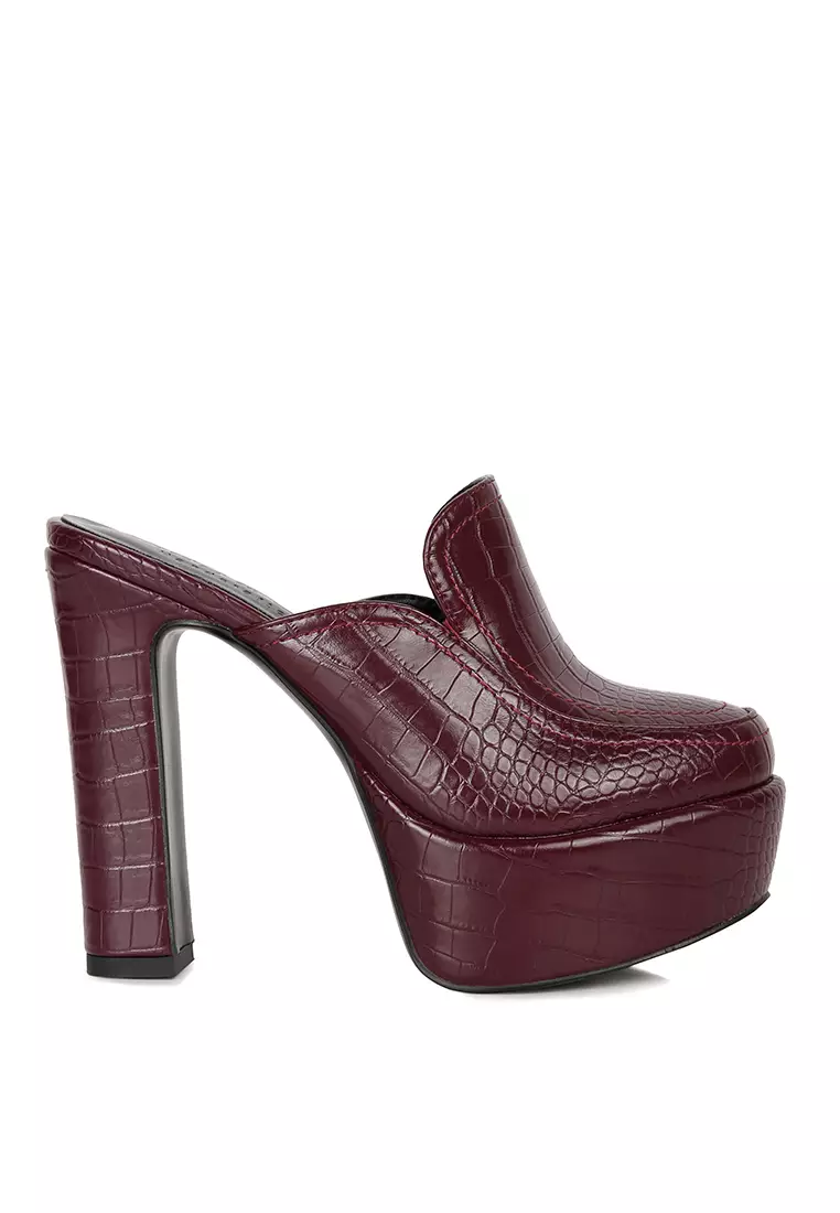 Rag & CO. Burgundy Croc Pattern Heeled Platform Mules