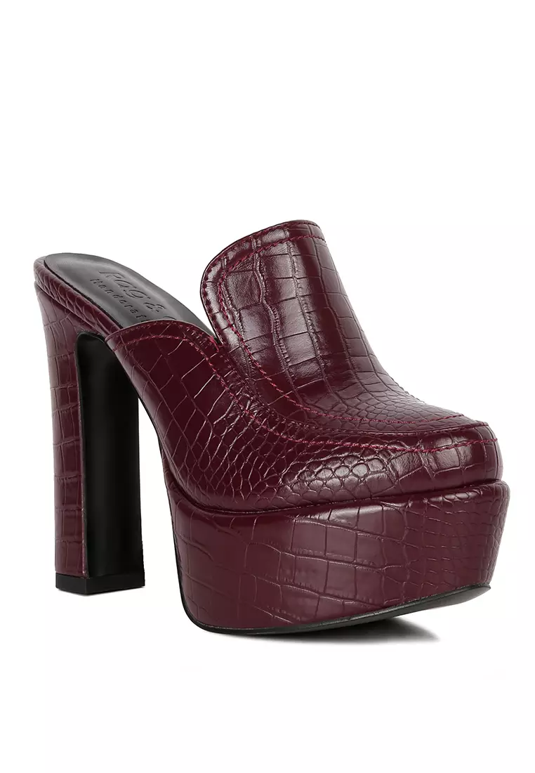 Rag & CO. Burgundy Croc Pattern Heeled Platform Mules