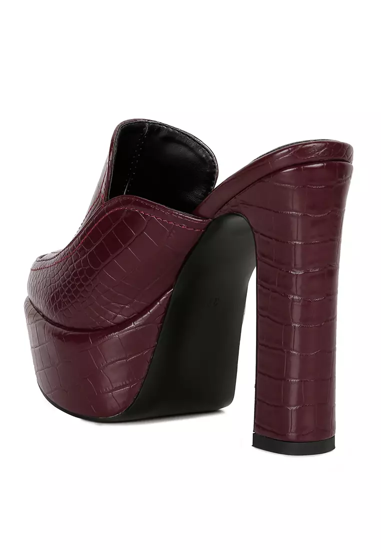 Rag & CO. Burgundy Croc Pattern Heeled Platform Mules