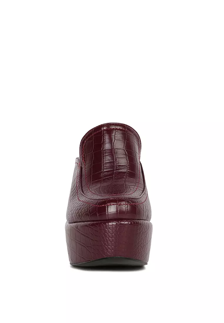 Rag & CO. Burgundy Croc Pattern Heeled Platform Mules