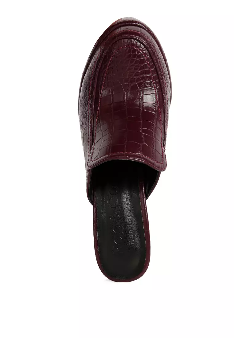 Rag & CO. Burgundy Croc Pattern Heeled Platform Mules