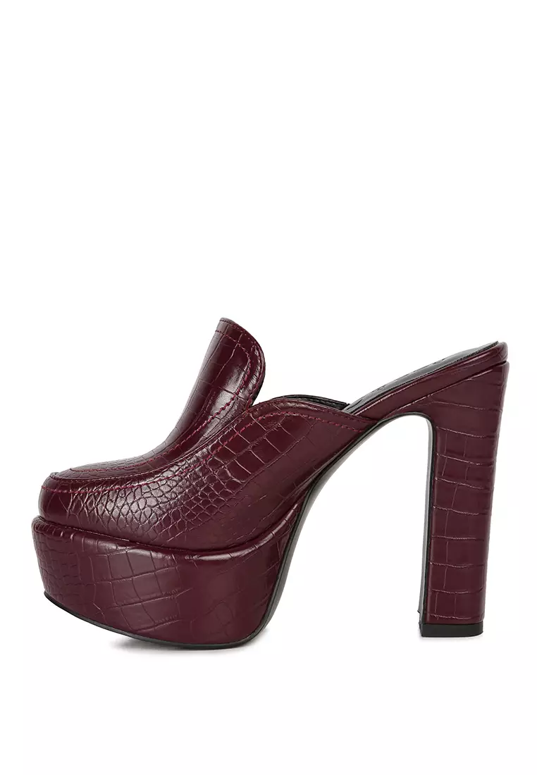 Rag & CO. Burgundy Croc Pattern Heeled Platform Mules