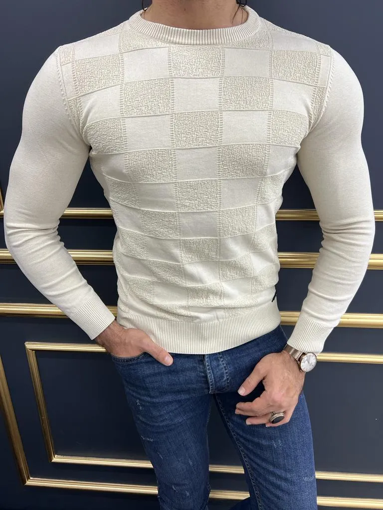 Rick Sli Fit Round Neck Beige Plaid Sweater