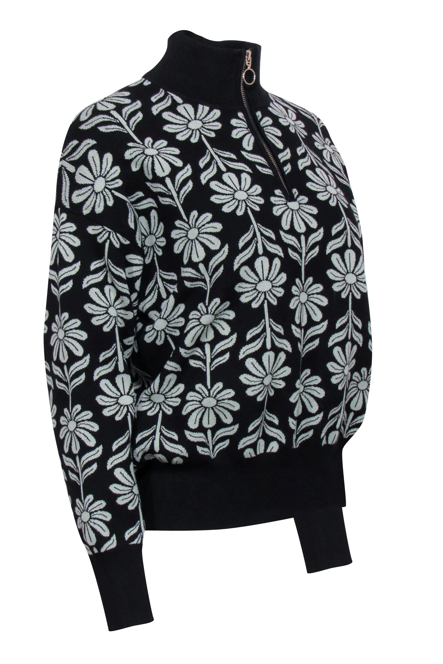 Sandro - Black & Sage Floral Intarsia Knit Sweater Sz M