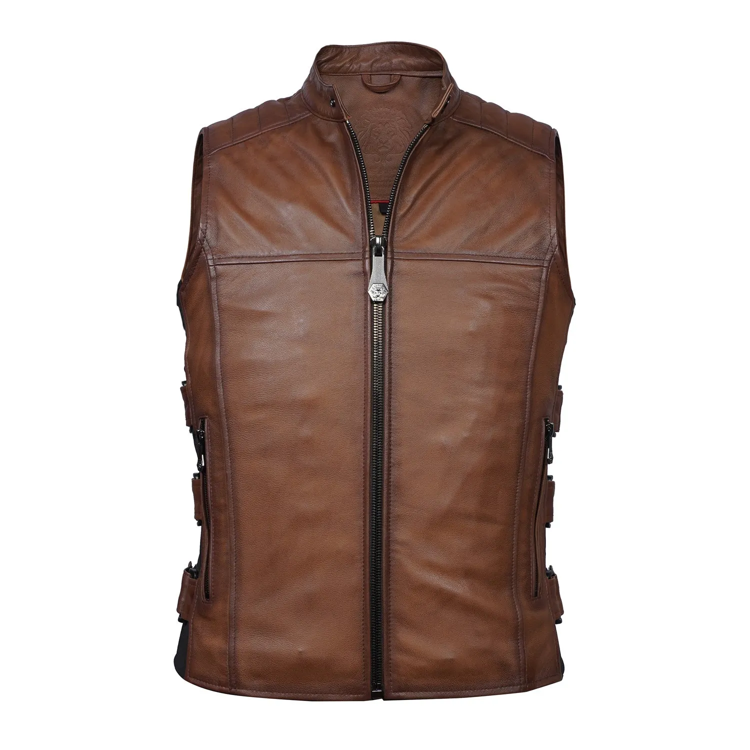 Sleeveless Biker Vest For Men in Tan Genuine Leather By Brune & Bareskin