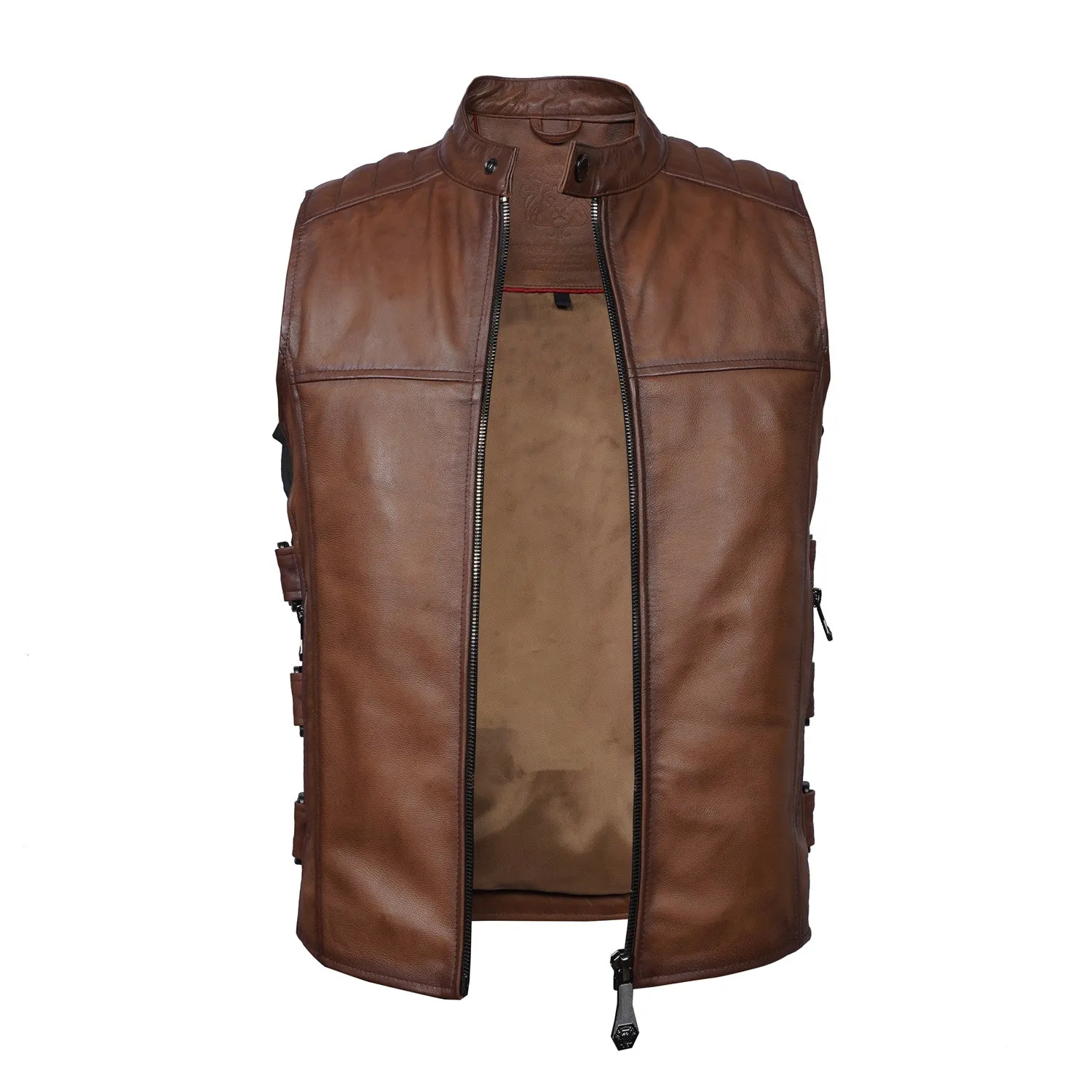 Sleeveless Biker Vest For Men in Tan Genuine Leather By Brune & Bareskin