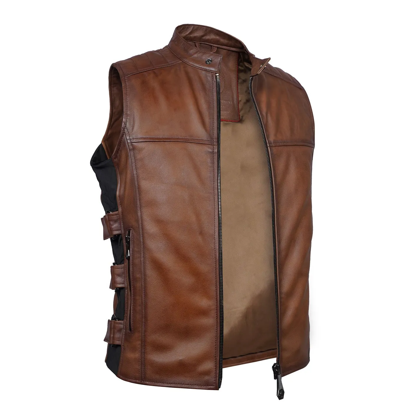 Sleeveless Biker Vest For Men in Tan Genuine Leather By Brune & Bareskin