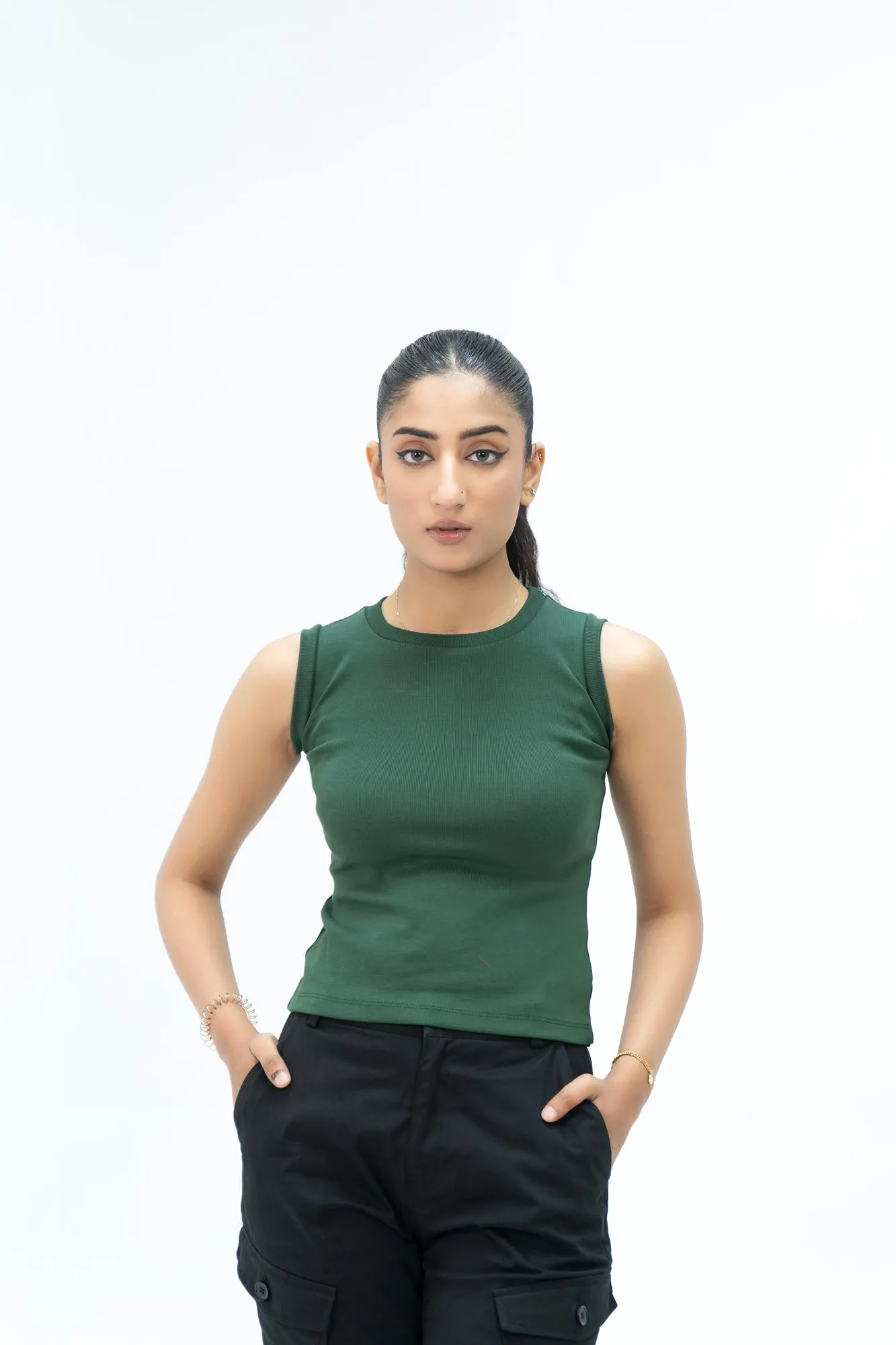 Sleeveless Rib Knit Vest - Dark Green