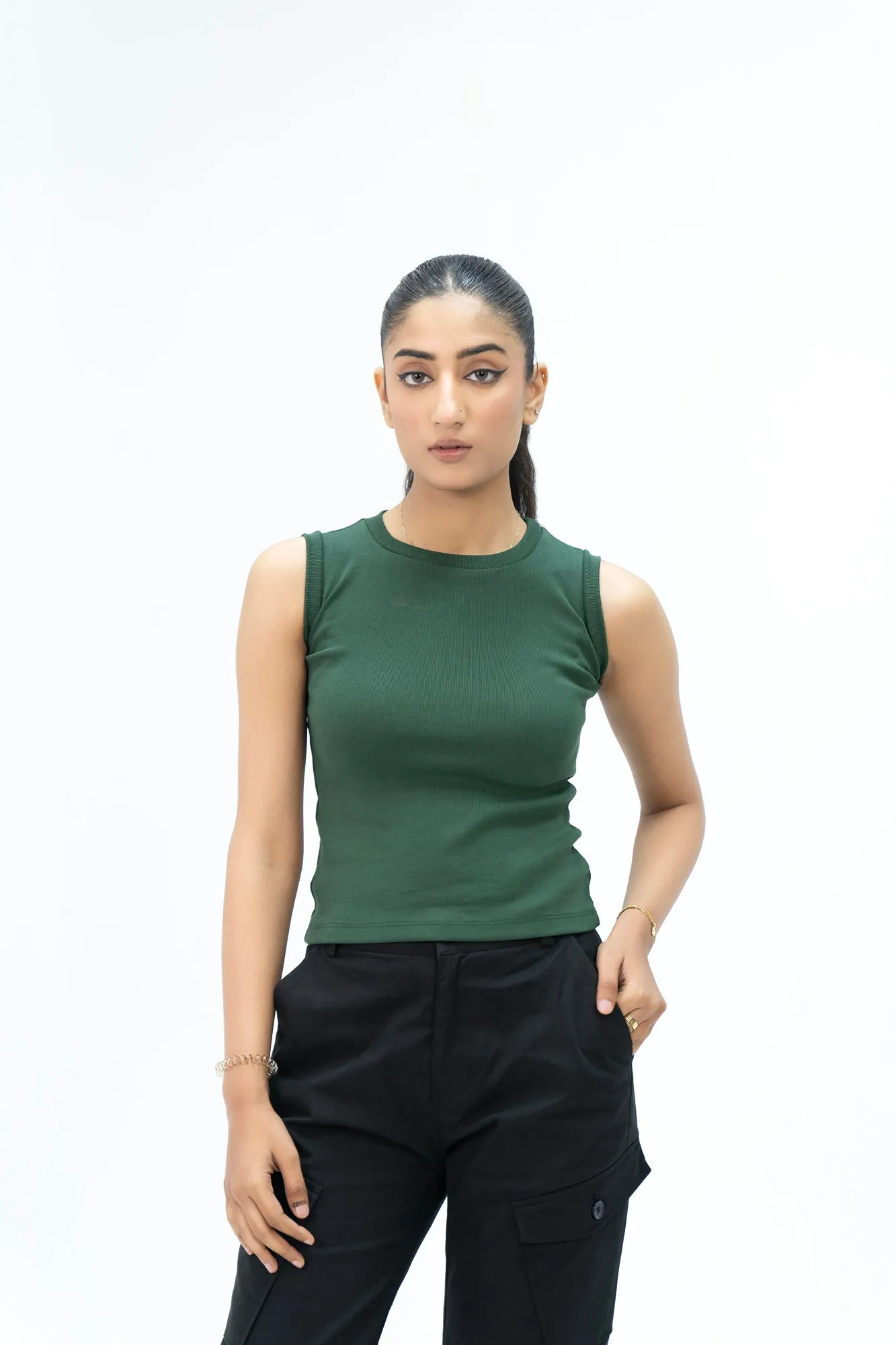 Sleeveless Rib Knit Vest - Dark Green