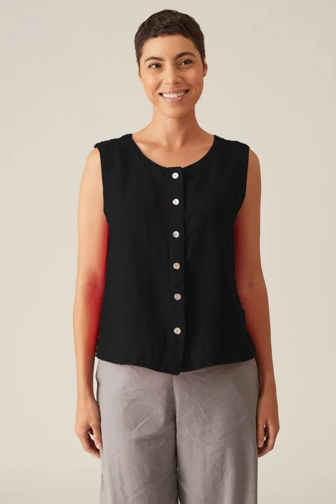 Solid Linen Sleeveless Button Top - Black - 4405873