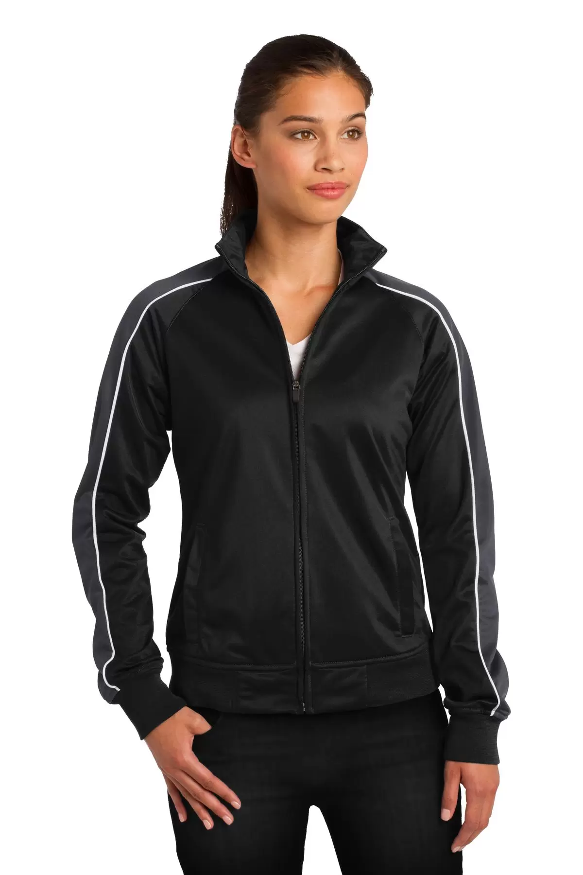 Sport Tek LST92 Sport-Tek Ladies Piped Tricot Track Jacket SKU: LST92