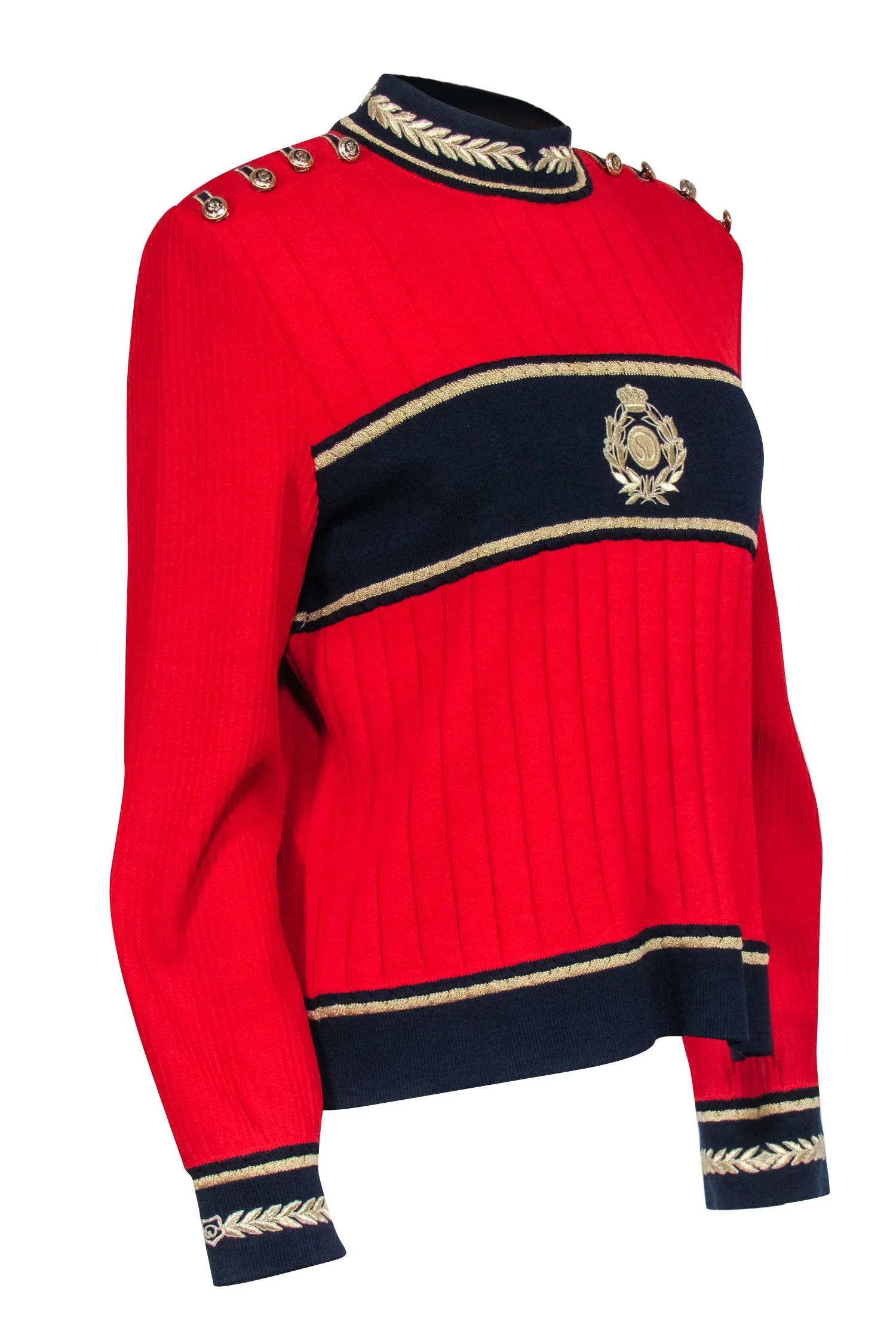 St. John - Red Knit Sweater w/ Gold & Navy Detail Sz M