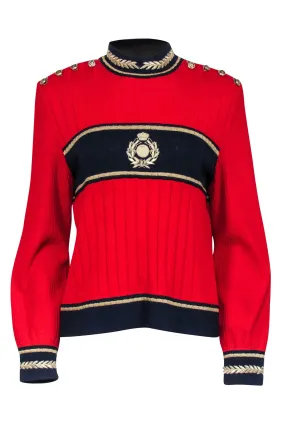 St. John - Red Knit Sweater w/ Gold & Navy Detail Sz M