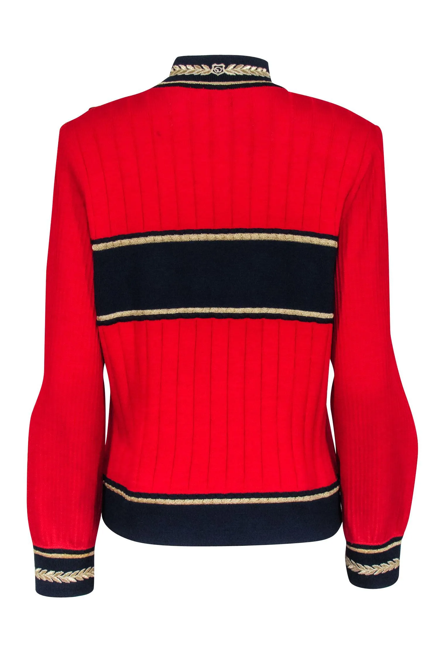 St. John - Red Knit Sweater w/ Gold & Navy Detail Sz M