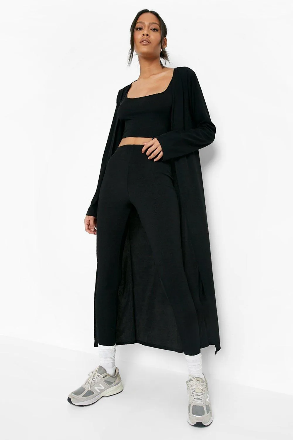 Tall Rib Crop Top Pants And Cardigan Two-Piece