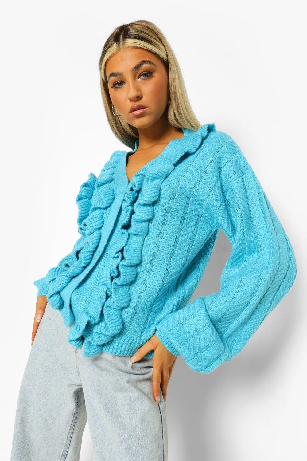 Tall Ruffle Detail Balloon Sleeve Cardigan