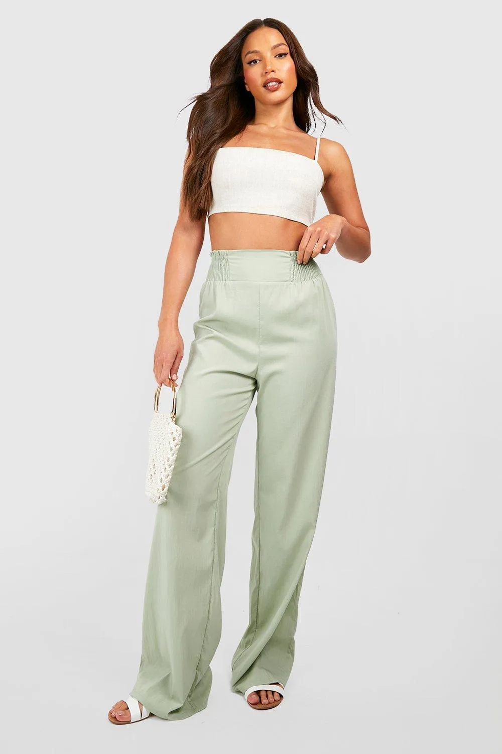 Tall Shirred High Waisted Linen Look Wide Leg Pants