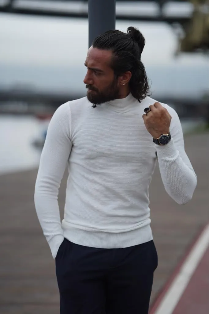 Thread Slim Fit Custom Design Half Turtleneck White Sweater