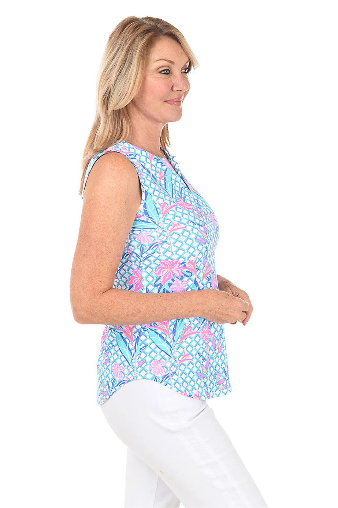 Tropical Trellis UPF50+ Split Neck Sleeveless Top