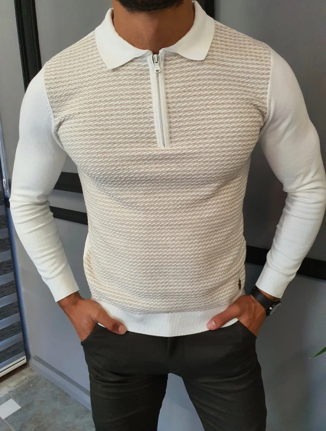 Turino Beige Slim Fit Zipper Collar Sweater