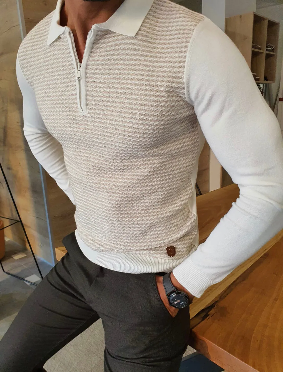 Turino Beige Slim Fit Zipper Collar Sweater