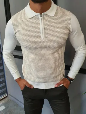 Turino Beige Slim Fit Zipper Collar Sweater