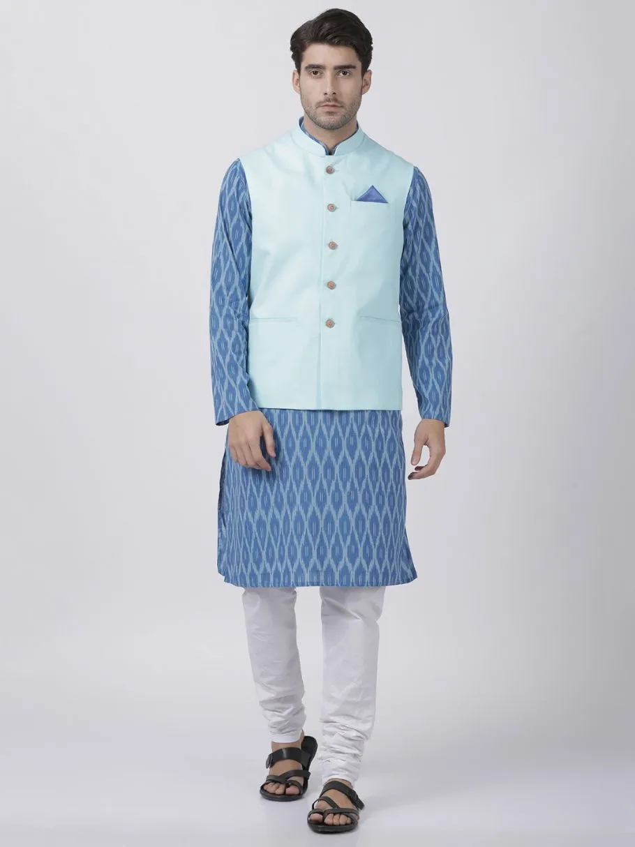 VASTRAMAY Men's Blue Cotton Blend Kurta, Light Blue Ethnic Jacket and Pyjama Set