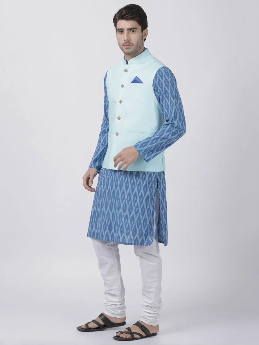 VASTRAMAY Men's Blue Cotton Blend Kurta, Light Blue Ethnic Jacket and Pyjama Set