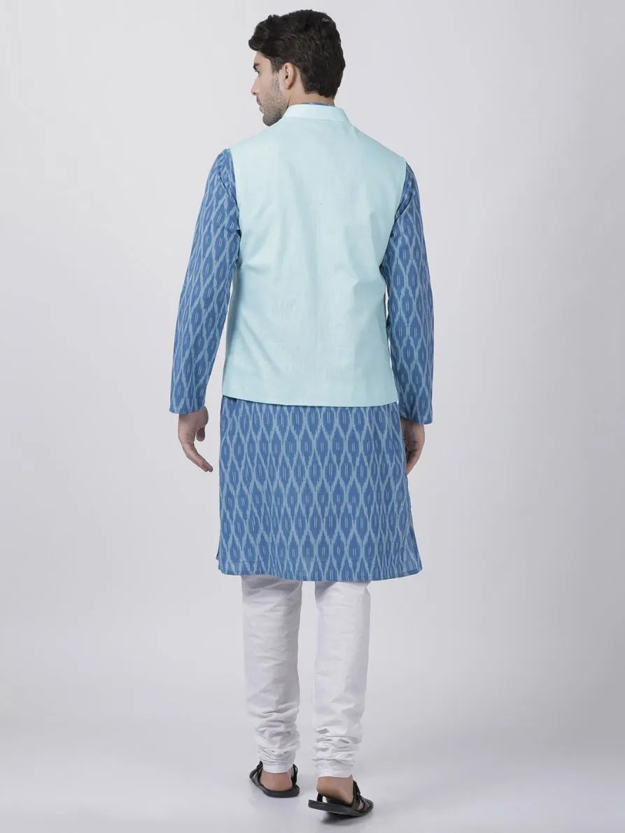 VASTRAMAY Men's Blue Cotton Blend Kurta, Light Blue Ethnic Jacket and Pyjama Set