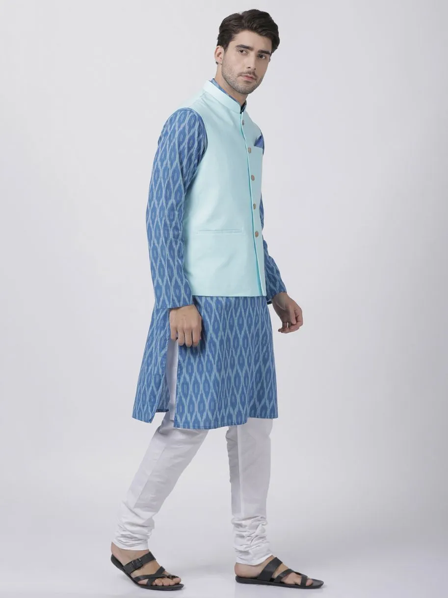 VASTRAMAY Men's Blue Cotton Blend Kurta, Light Blue Ethnic Jacket and Pyjama Set