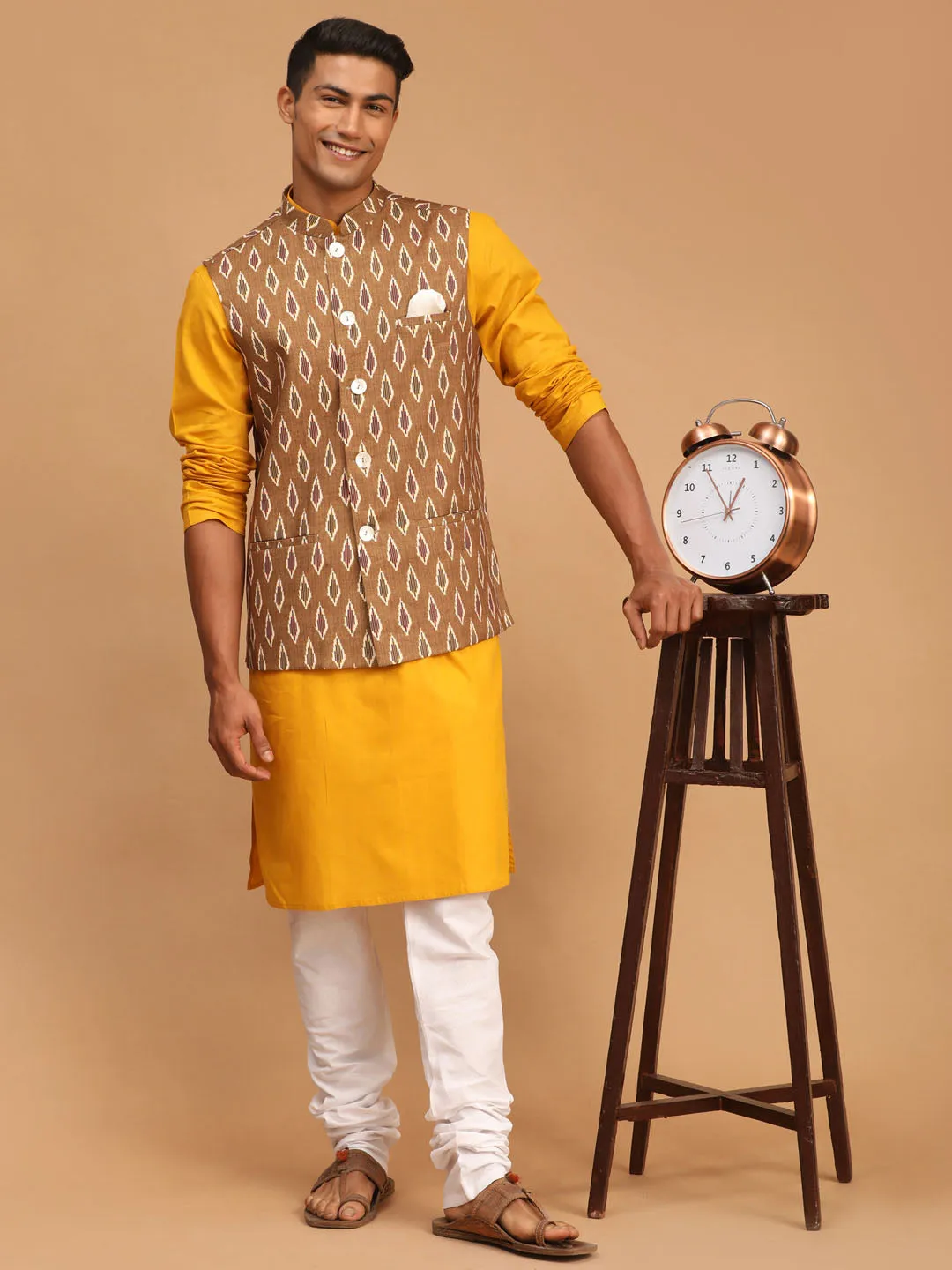 VASTRAMAY Men's Green Printed Cotton Nehru Jacket With Mustard Kurta And White Pyjama Set