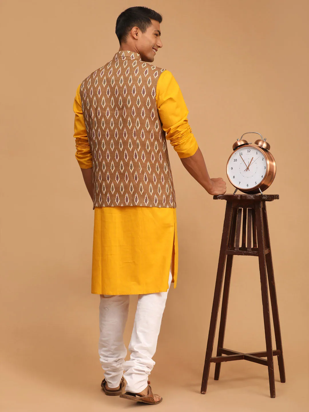 VASTRAMAY Men's Green Printed Cotton Nehru Jacket With Mustard Kurta And White Pyjama Set