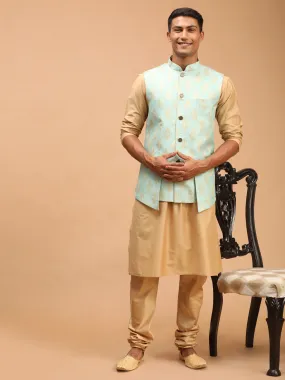 Vastramay Men's Green Woven Design Ethnic Jacket And Rose Gold Kurta And Pyjama Set