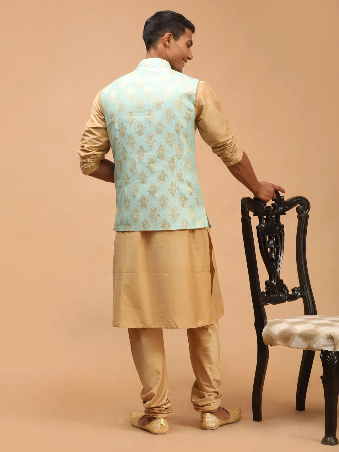 Vastramay Men's Green Woven Design Ethnic Jacket And Rose Gold Kurta And Pyjama Set