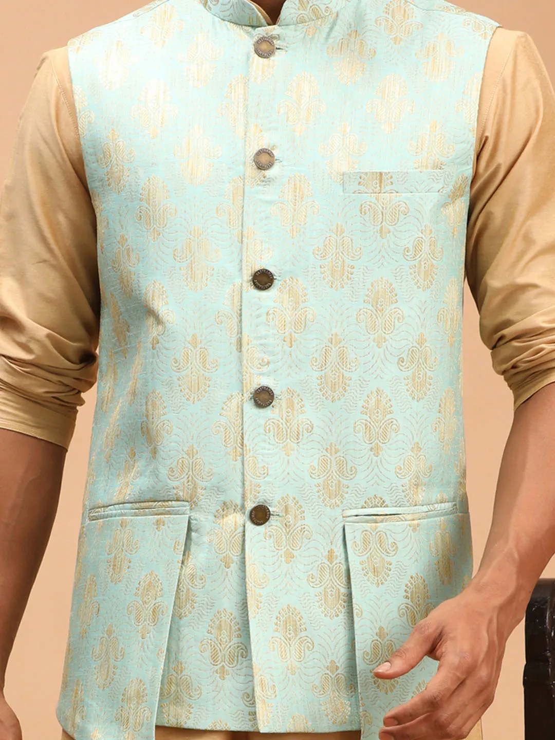 Vastramay Men's Green Woven Design Ethnic Jacket And Rose Gold Kurta And Pyjama Set