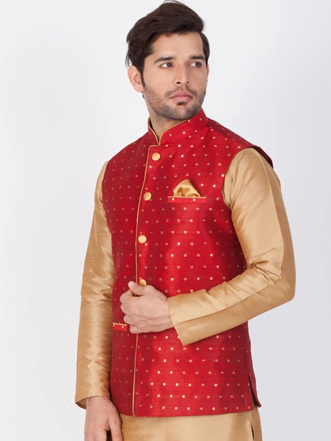 Vastramay Silk Blend Maroon and Rose Gold Baap Beta Ethnic Jacket