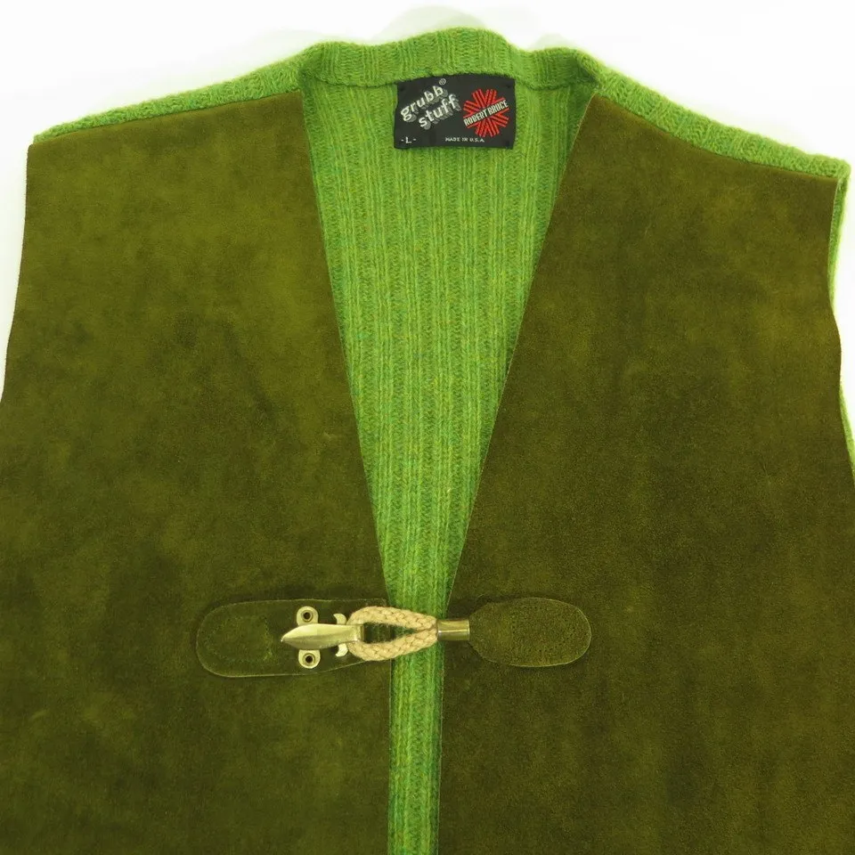 Vintage 80s Suede Nubuck Vest Large Deadstock Wool Knit Green